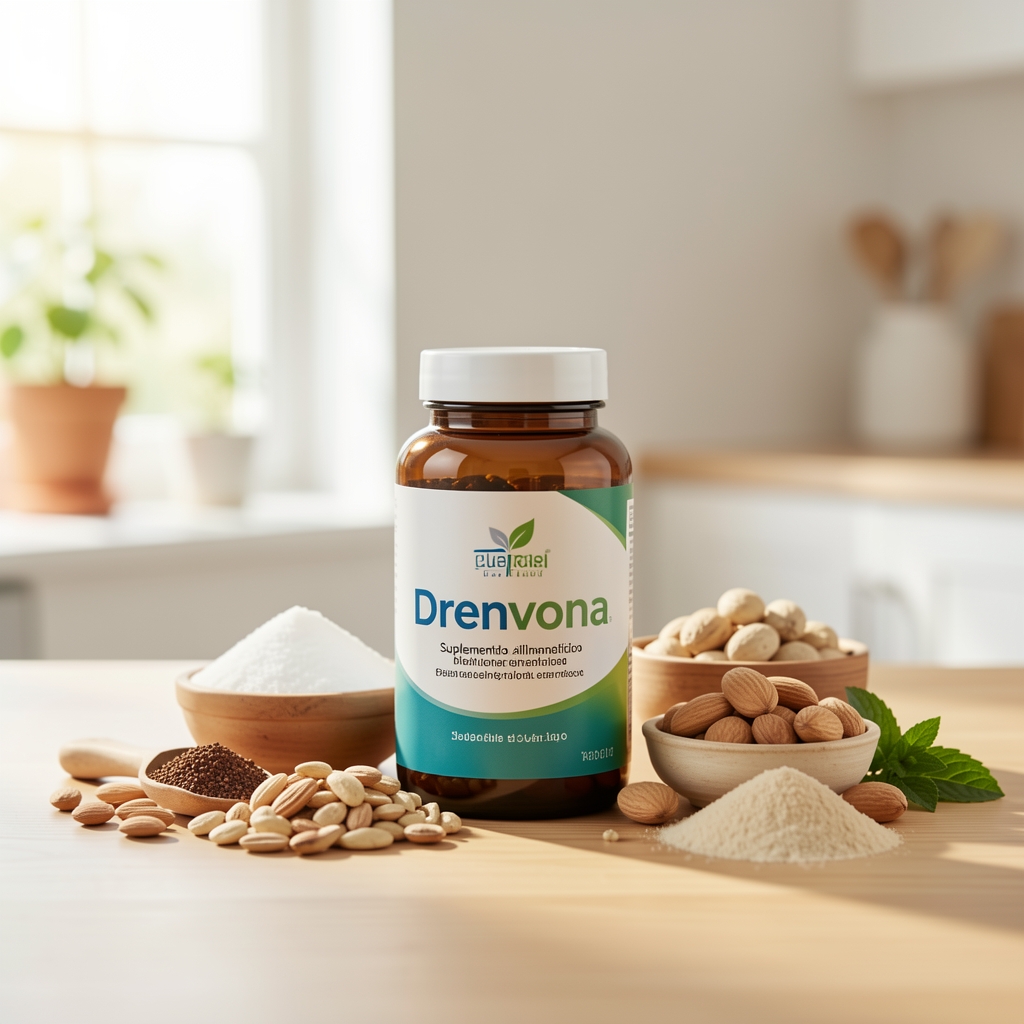 Frasco de suplemento alimenticio Drenvona junto a ingredientes organizados en un espacio luminoso
