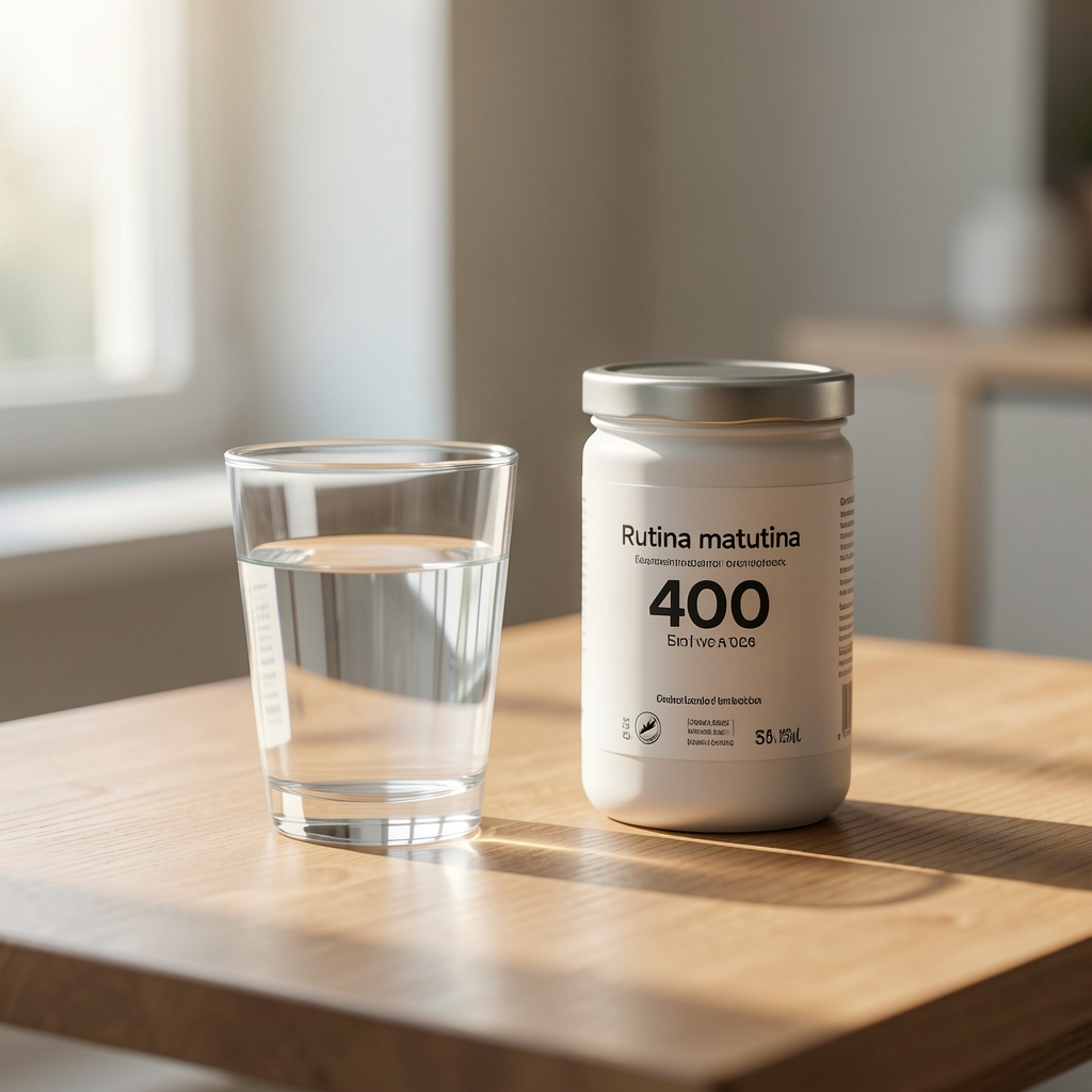 Rutina matutina con vaso de agua y envase de Magnesio Bisglicinato 400 sobre mesa iluminada